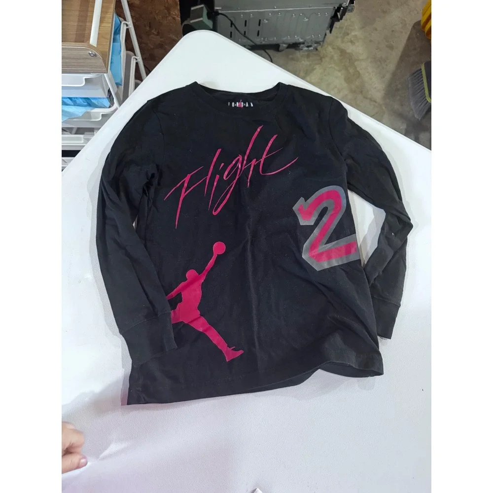 Jordan Flight Kids Long Sleeve Graphic T-Shirt Black Pink Size M 10-12Y